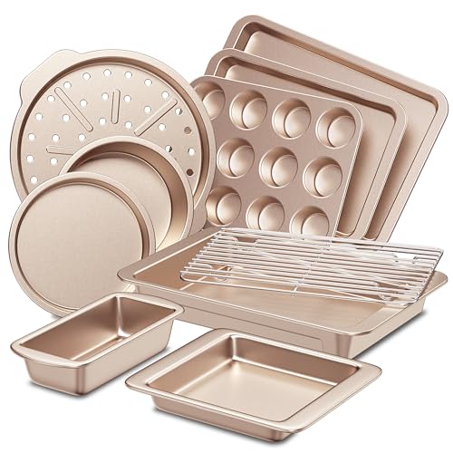 HONGBAKE Bakeware Sets, Baking Pans Set, Nonstick Oven Pan for Kitchen with Wider Grips, 10-Piece Including Rack, Cookie Sheet, Cake Pans, Loaf Pan, Muffin Pan, Pizza Pan - Champagne Gold
