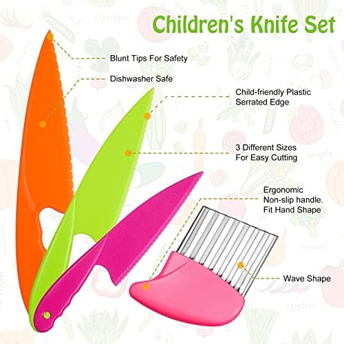 AKlamater 6PCS Kitchen Safety Knives for Kids, 4PCS Children's Cooking Knives in 4 Sizes, Plastic Cutting Board & Paring Knife for Vegetables Fruits Salad Cheese( Pink)