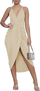 Women's V Neck Ruched Wrap Slit Hem Sleeveless Spaghetti Strap Midi Bodycon Dress - Buy now