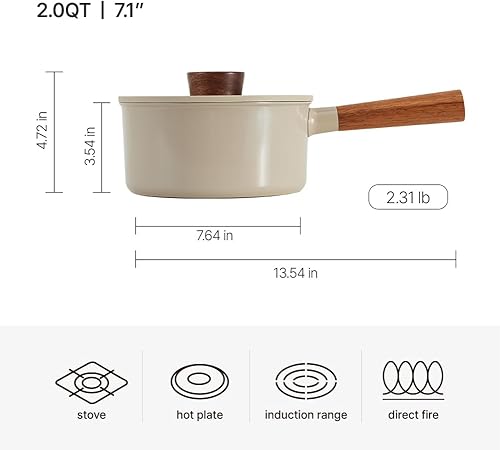 Miniatura 3 de dogado Sartén orgánica y olla con mango de madera, utensilios de cocina de cerámica antiadherentes, sartén multiusos, beige arena (cacerola)