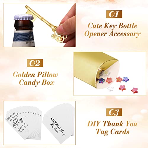 100 Sets Vintage Key Bottle Opener Wedding Favors, Wedding Party Souvenir Gift For Guests With Thank You Tag Card Pillow Candy Box And Satin Ribbon (Gold) #TOP2