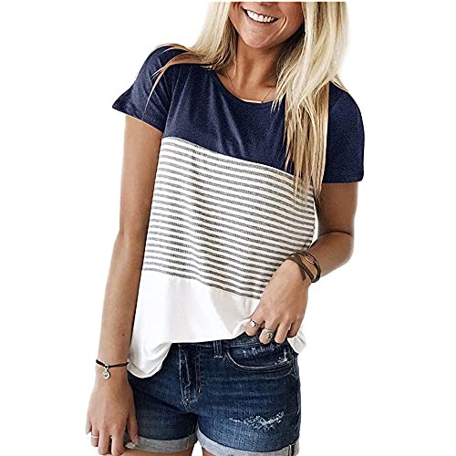 Bipily Femmes Tee Shirt Manches Courtes Col Rond Triple Couleur Bloc rayé T-Shirt Blouse Occasionnels Bleu foncé L Cover
