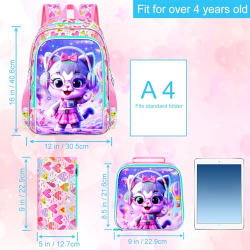 Image of CCJPX 3Pcs Cat Backpack for Girls, 16 inch Kids Bookbag with Lunch Box, Water Resistant Elementary School Bag for Kindergarten Preschool Toddler (Pink)