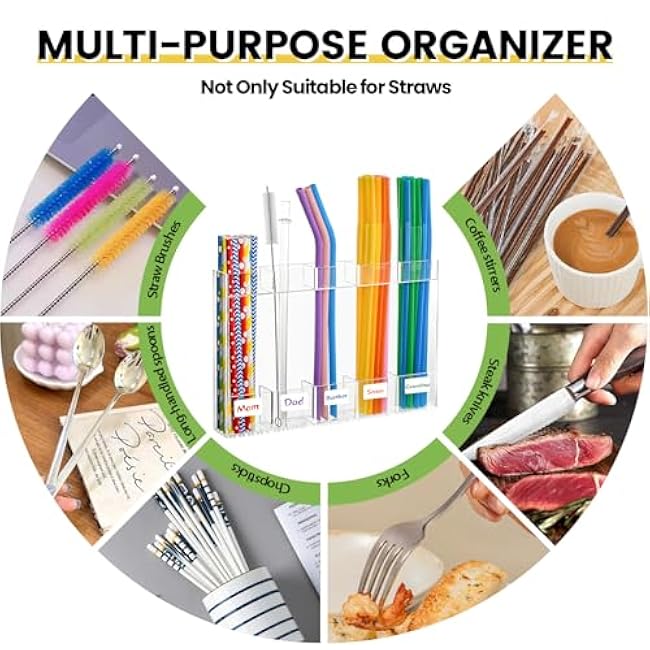 Ullnosoo Acrylic Straw Holder for Cabinet Door, with Bottom Drainage Holes Reusable Organizer with Adhesive Tapes and Stickers, Kitchen Accessories Tumbler Straw Storage Container for Space-Saving