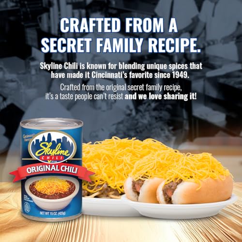 Skyline Chili, 15 oz Cans (4-Pack) – Authentic Cincinnati-Style Ground Beef, No Beans, High-Protein Hot Dog Sauce, Ready to Heat