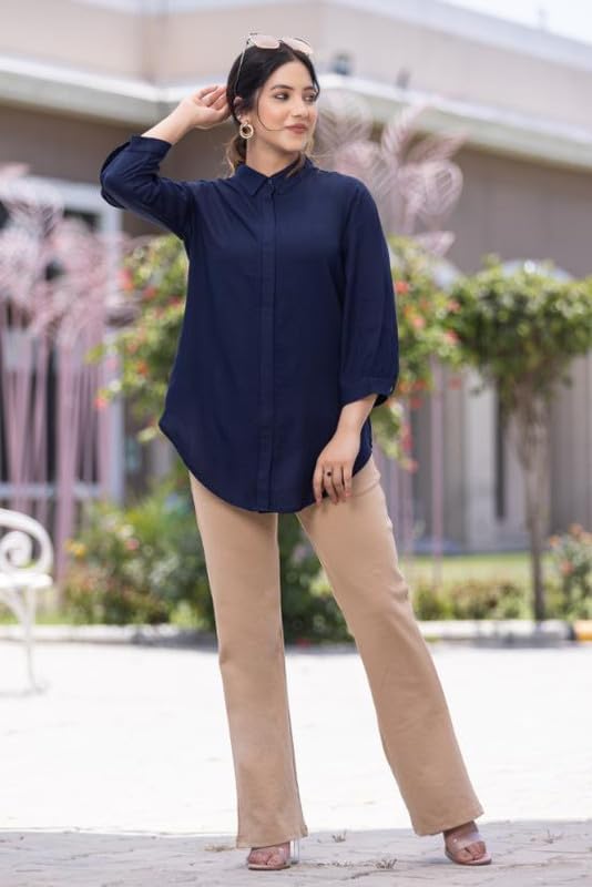 Image of Mlada Hemline Solid Shirts for Women | 3 /4 Sleeves Classic Rayon Shirt for Office Wear | Collared Neck Shirt for Girls | Regular Fit Shirts | Smart Formal Button Down Shirt for Women