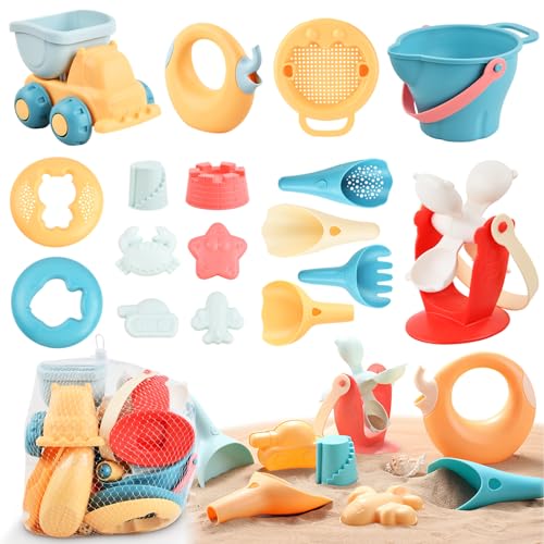 Dewocke 17 Stück Strand Sandspielzeug Set mit Wasserrad, Strandbuggy, Eimer, Sandformen, Netzbeutel, Weichem Kunststoff Sandkasten Spielzeug Strand für Kinder Jungen Mädchen ab 1 2 3 Jahr