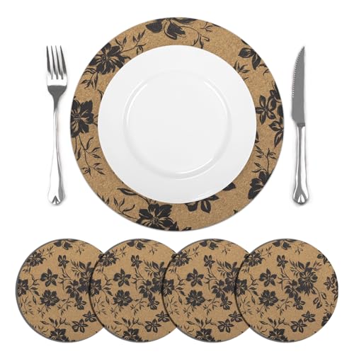 Image of comfoyar Boho Round Cork Placemats Set of 4, 38cm Non-Slip Black Flower Printed Place Mats with Rubber Back, Heat Resistant Washable Waterproof Table Mats for Home Kitchen Dining Decoration
