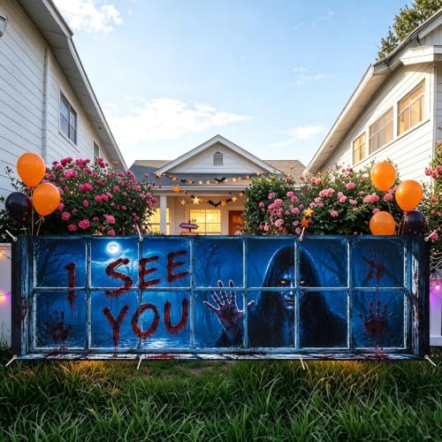 Image of Halloween Banner 118x35.4 Inch Scary Ghost Window Decoration Backdrop, Creepy Haunted House Party Decoration Outdoor Yard Sign for Festival Celebration, Fence Wall Porch Indoor Outdoor