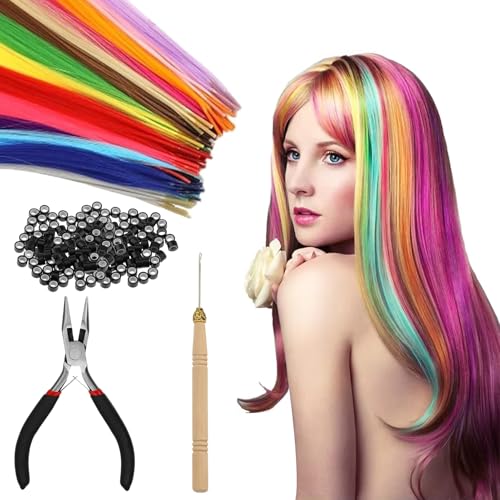 Boulesenm - Kit de extensión de pelo de 50 piezas, mecha colorida para el cabello, extensión de mechas deseosas con 150 perlas y ganchillo