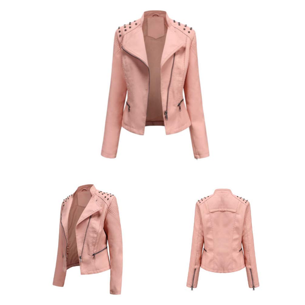 Chaquetas de PU Cuero Sintetico Mujer Slim Fit Fina Cuello Alto Primavera Otoño Manga Larga Elegante Jacket Cortas Cazadora Biker con Cremalleras