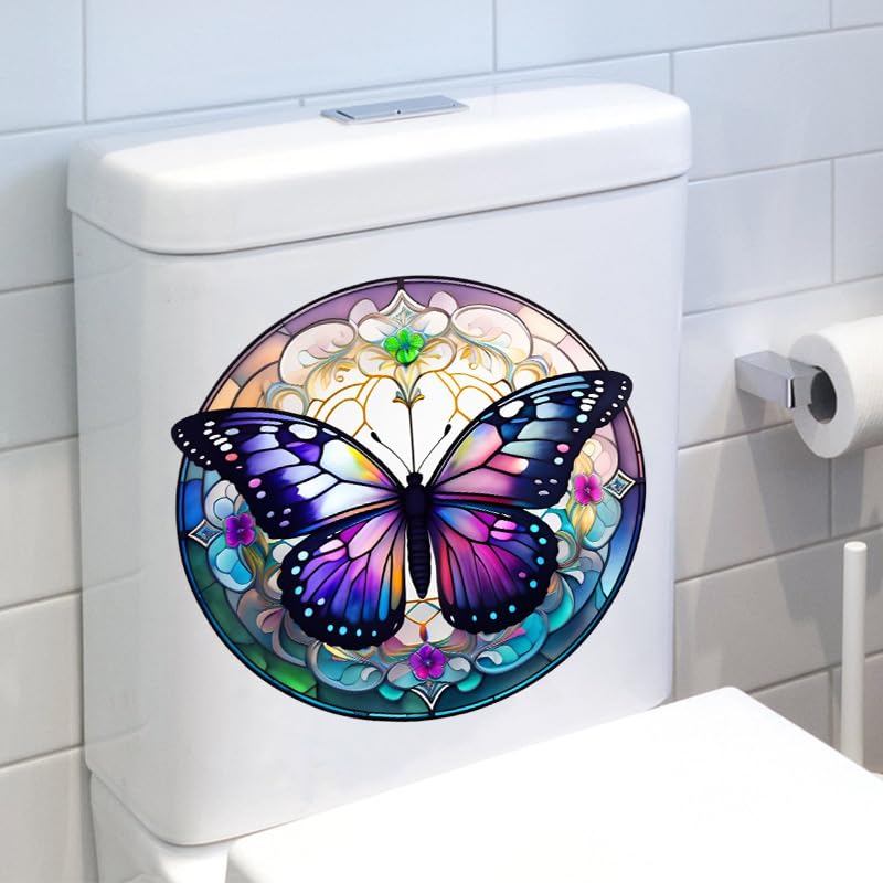 Butterfly Flowers Toilet Cover Sticker Decals,Colorful Butterfly Flowr Waterproof Toilet Lid Tank Seat Decals Cistern Self-Adhesive Bathroom Wall Sticker (01917-hudie si ye Hua)