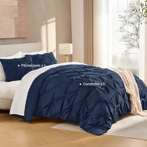 Image of Andency Twin Pinch Pleat Comforter Set (66 inchx90 inch),3 Piece Lightweight Pintuck Bedding Comforters & Sets, Fluffy Down Alternative Comforter with 2 Pillow Shams for All Season,Navy Blue