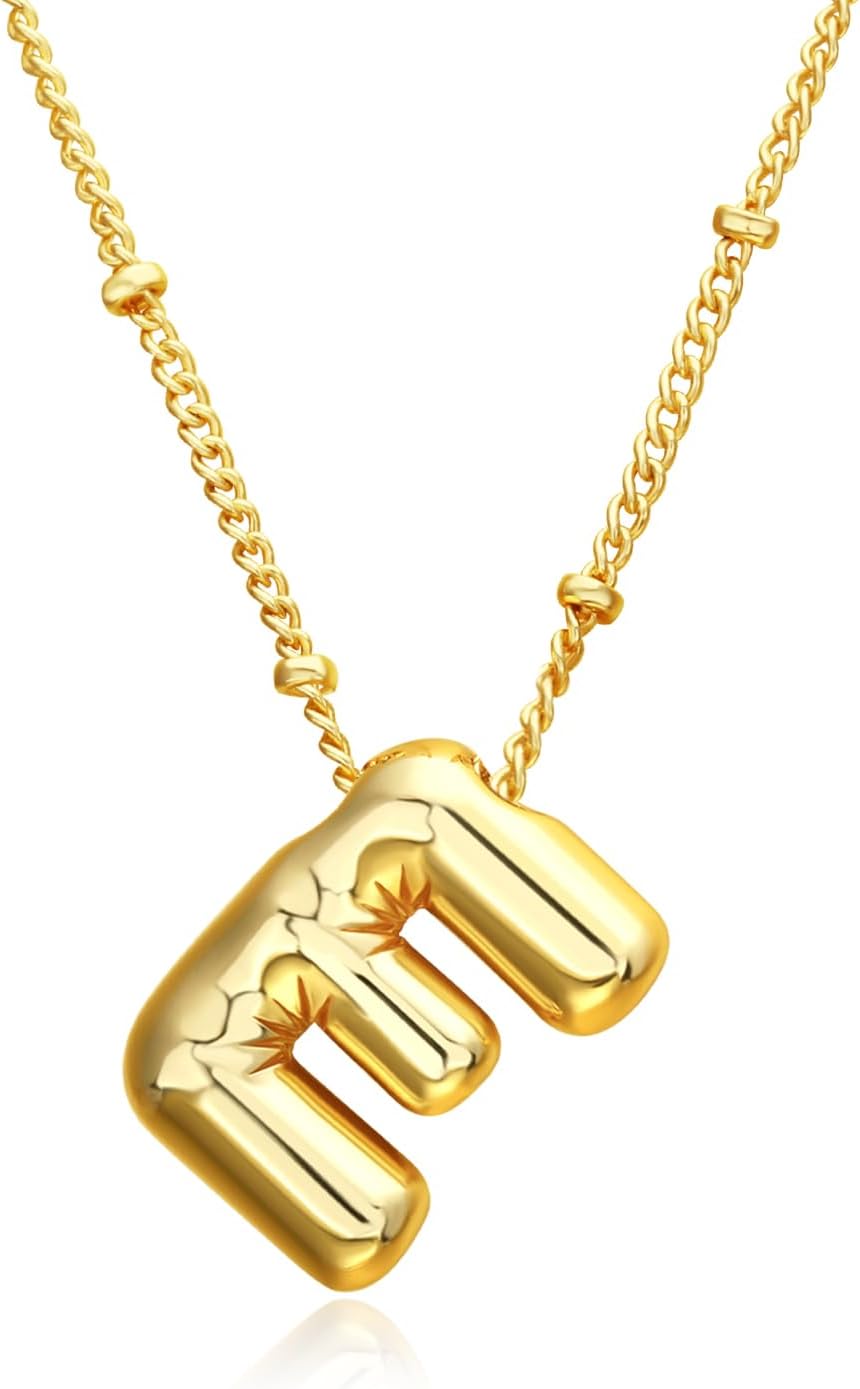 18K Bubble Letter Necklace Gold for Women, Initial Necklaces Rhinestone Chunky Necklace as Christmas Birthday Gifts Charm Puff Name Pendant Alphabet Necklaces Non Tarnish Gold Plated Jewelry