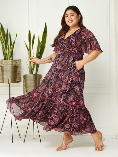 Image of Miss Chase A+ Women's Bohemian V-Neck Flutter Sleeve Chiffon Relaxed Fit Wrap Maxi Dress
