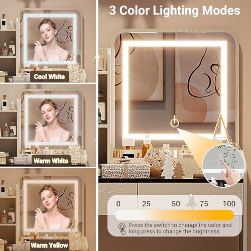 GarveeHome Vanity Desk with LED Light Mirror and Charging Station,Small Makeup Vanities Set with 2 Drawers,Vanity for Girls Women with Storage Stool (White + Black Tabletop)