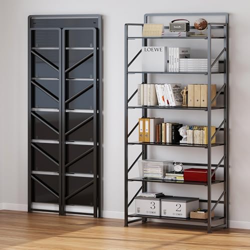 Image of JSB No Assembly Folding Bookshelf, 6 Tier Industrial Metal Book Shelf for Storage, Vintage Wood Foldable Bookcase for Living Room, Bedroom, Office Organization Shelves