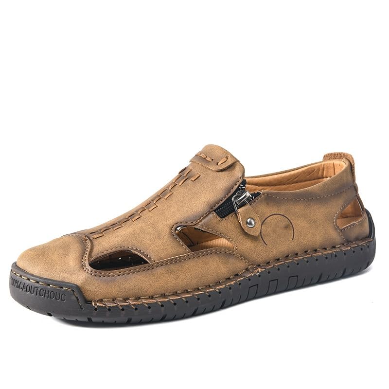 Men's Leather Hollow Athletic Sandals Casual Closed Toe Slip-on Roman Shoes Outdoor Beach Zipper Fisherman Shoes