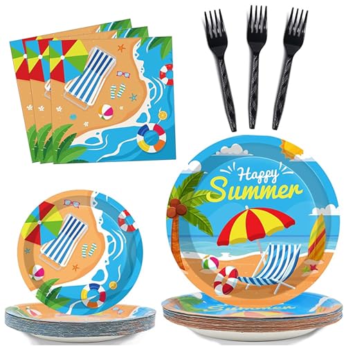 96 Pcs Beach Party Supplies Paper Plates Napkins Summer Beach Hawaiian Pool Party Birthday Decorations Favors for Kids Serves 24