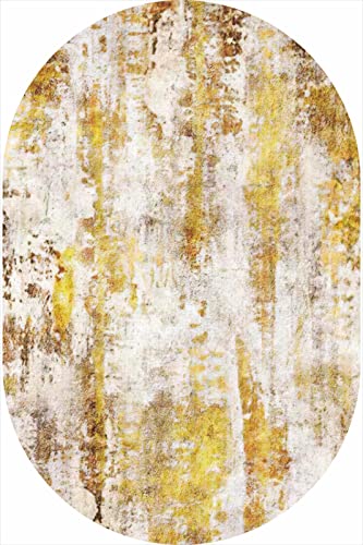 Rururug Alfombra Oval de Salón Alfombras Modernas Pelo Corto Alfombras Antideslizantes Arenas movedizas de Oro Blanco Fresco geométrico, 110 x 190 cm Cover