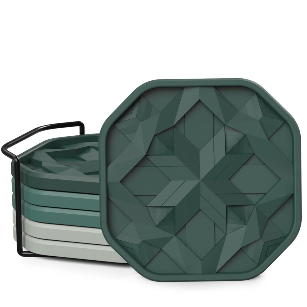 UMIRRO Silicone Cup Coasters for Drinks with Tailored Holder, Coffee Table Centerpiece, Modern Home Bar or Aesthetic Kitchen Essentials, House Decor Gifts, Set of 6, Posy Green