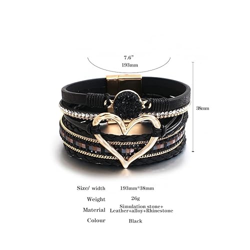 Hotoo Leather Wrap Bracelet For Women Black Beaded Cuff Bracelet With Heart-Shape Decor Bohemian Crystal Bracelet Jewelry With Clasp Bangle Bracelet For Women Girls Birthday Holiday Gift #TOP1