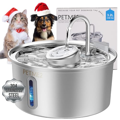 Luxury Smart Pet Fountain 2026 – 3.2L/108oz Stainless Steel Automatic Cat & Dog Water Fountain, Indoor Pet Water Dispenser with LED Light, Quiet Pump, Dual Flow Modes, 4-Layer Filter, Dishwasher Safe