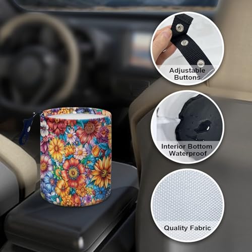 Image of Colorful Flower Auto Garbage Bag Trash Can Collapsible Trash Rubbish Bin Basket Bag Hanging Cup Holder Organizer Car Interior Accessories for Front Seat, Back Seat, Floor, Headrest