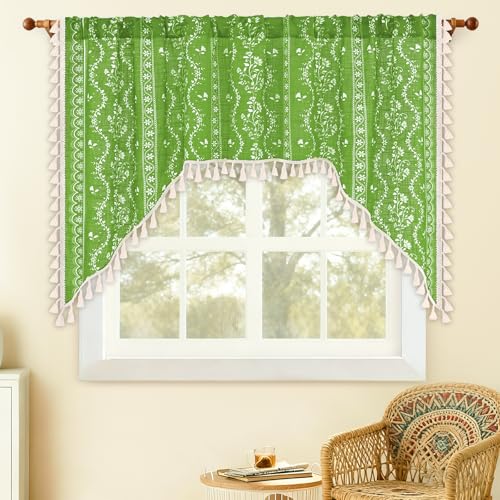 Image of Yinhua Boho Swag Valance Curtains Vintage Linen Valances for Windows Light Filtering Floral Kitchen Valance Rod Pocket Farmhouse Rustic Tassel Window Valances for Bathroom Cafe, 60 inch W x 36 inch L, Green