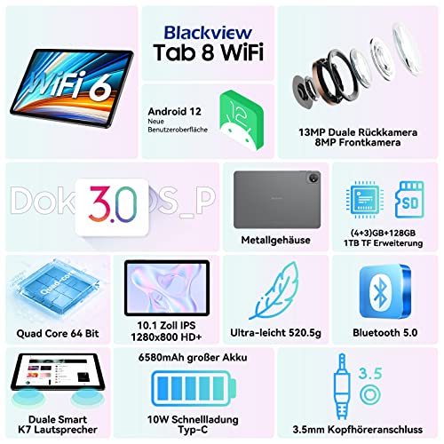 Blackview Tab 8 WiFi Tablet 10 Zoll, Android 12, 7GB RAM+128GB ROM, 5G/2.4G WiFi 6, 6580mAh Akku PC, 13MP+8MP Kamera, HD+ IPS, GMS-Zertifiziert, BT5.0, Dual-Lautsprecher, Type-C, OTG – Bild 3