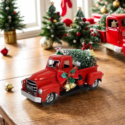 Decoración navideña de camión rojo rústico con mini árbol de mesa 3