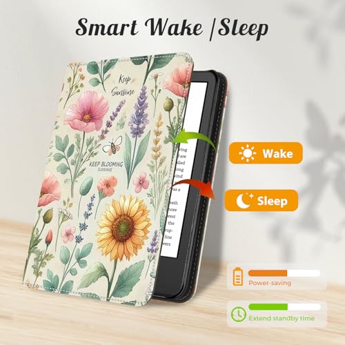 Image of CoBak Case for 6 inch E-Reader - PU Leather Smart Cover with Auto Sleep /Wake & Hand Strap, not Compatible with Kobo Clara,Sunshine Garden