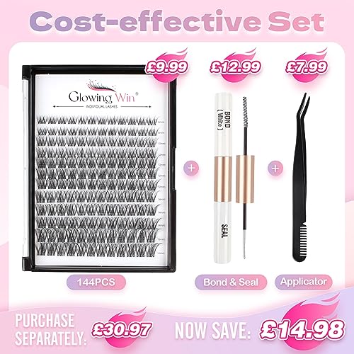 Glowing Win Individual Lashes DIY Lash Extensions Kit with Lash Bond&Seal and Applicator 144PCS Cluster Lashes Set Transparent Band Reusable False Eyelash Extensions Natural Look 8-16mm C D Curl - Image 2