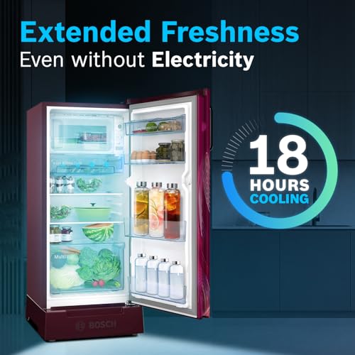 Image of Bosch 207 L, 4 star, Direct-Cool Single Door Refrigerator | 18 Hrs Cooling Retention | 2.5X Faster Cooling | Spacious Multi Box | XL Dry Storage | SuperFreeze (2026 model, CST20W34VI, Feather Wine)