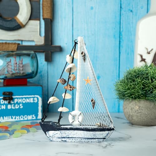 Image of Wooden Decorative Sailboat Nautical Model Showpiece - 15x4x22 cm | Miniature Sailing Boat Showpiece for Home Decor, Living Room, Office & Table Desk Decoration | Faded Blue-Donut Tube