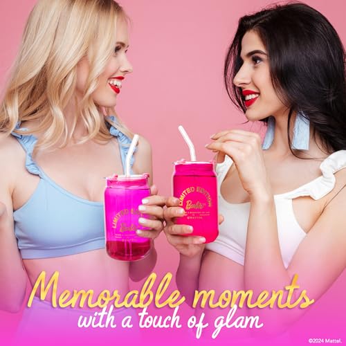 Dragon Glassware x Barbie Drinking Glasses - Pink and Magenta - 16 oz Can Shaped Glass Cups with Lids and Straws Set of 2 - Iced Coffee Cups with Lids - Glass Tumbler with Straw and Lid