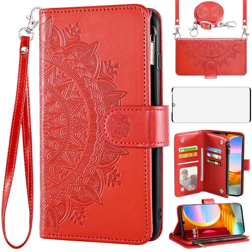 Asuwish Phone Case for LG Velvet 5G/LGVelvet Verizon G5 UW T-Mobile 2020 Wallet Cell Cover with Screen Protector Lanyard Wrist Strap Mandala Flower Zipper Card Holder LM G900UM 4G Tmobile Girls Red