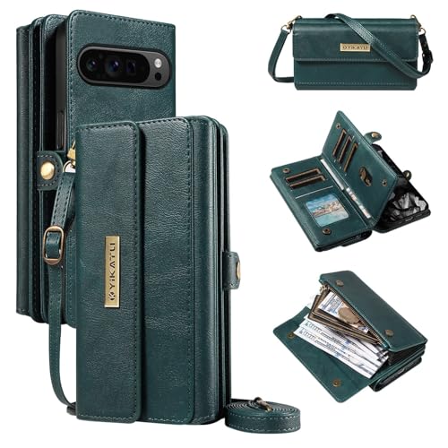 Étui Google Pixel 9 portefeuille vert avec fermeture éclair et bandoulière