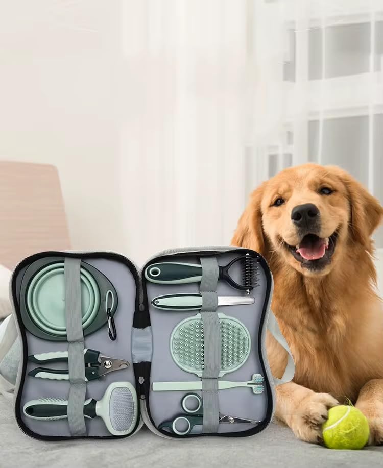 Pet Grooming Kit, 8-Piece Set with Brush, Nail Clipper, Collapsible Bowl and Bath Supplies, Grey and Mint
