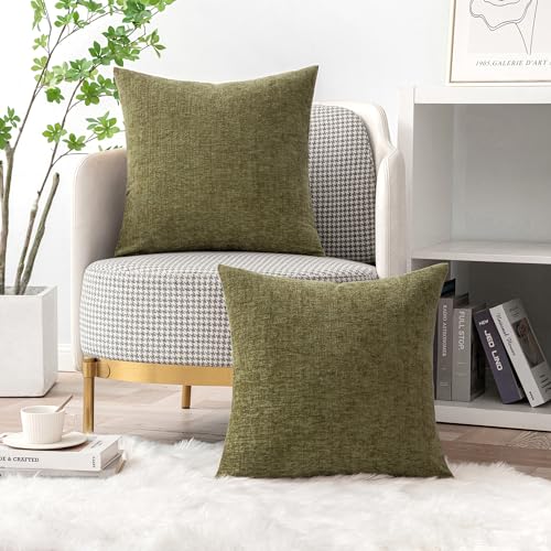 Image of MIULEE Pack of 2 Couch Throw Pillow Covers 18x18 Inch Soft Olive Green Chenille Pillow Covers for Sofa Living Room Solid Dyed Pillow Cases