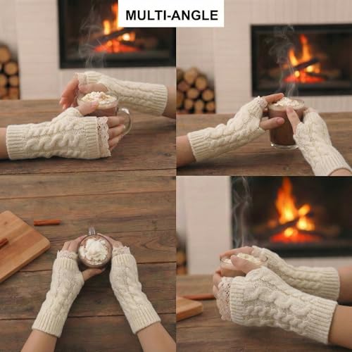 Image of Kraptick Women's Cable Knit Fingerless Gloves - Winter Arm Warmers with Elegant Lace Trim & Thumb Hole - Soft Woolen Thermal Half Finger Mittens for Typing, Driving & Office Work (Free Size, khaki)-1