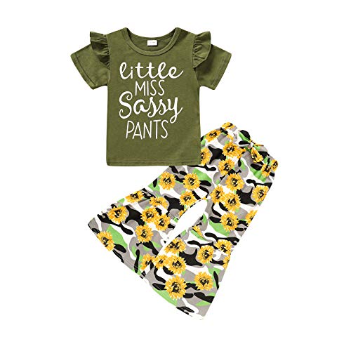 Toddler Kids Baby Girls Outfit Letter Print Short Sleeve T Shirt Top Bell-Bottom Flared Pants Summer Clothes Set (Green Short Sleeve Little Miss Sassy Pants, 18-24 M)