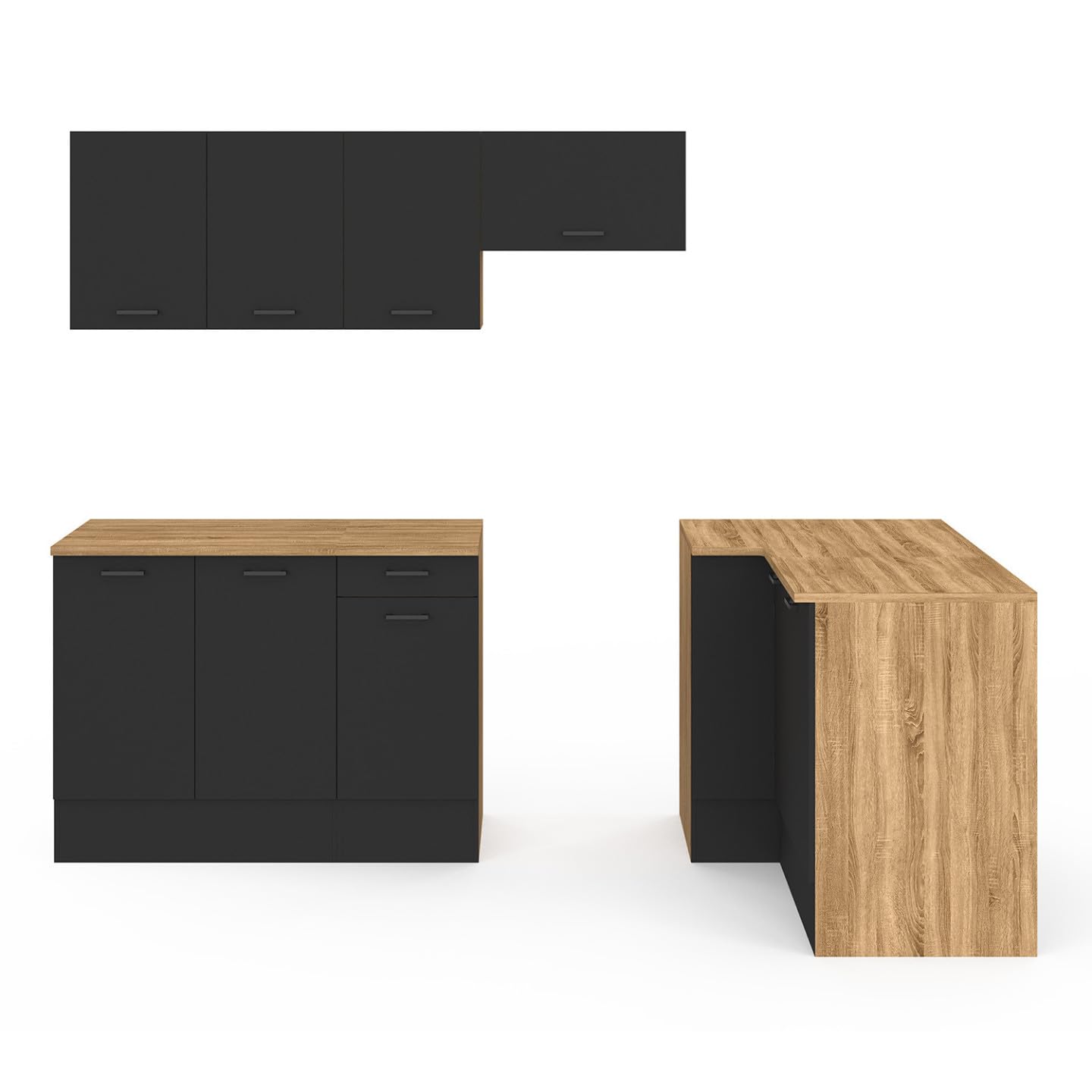 IDMarket - Cocina completa en ángulo 400 CM SUBTIL con encimera de 7 elementos en madera y negro