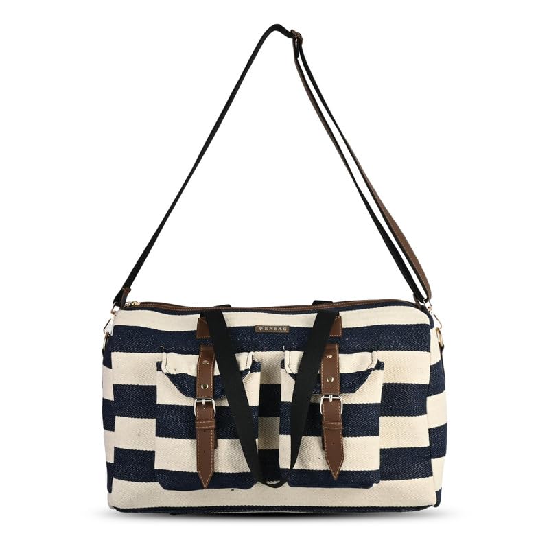 Image of ENSAC Premium Cotton Jacquard Travel Duffle Bag for Men & Women | Cabin Size Weekender & Holiday Luggage Bag | Stylish Unisex Carry Bag | Black-Beige
