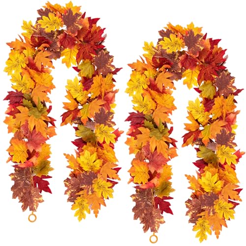 Image of Fall Maple Leaf Garland, Yellow, 2PCS, 11.8FT | Thanksgiving Artificial Hanging Fall Leave Vines, Fall Floral Garlands, Halloween Autumn Decor, For Home Wedding Party