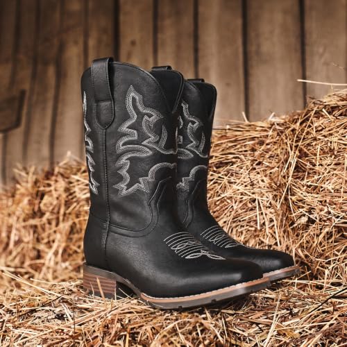 Image of Suokdil Cowboy Boots for Men - Men's Western Boots with Embroidery, Slip Resistant Square Toe Chunky Heel, Durable and Fashionable Retro Classic Footwear for Spring and Fall