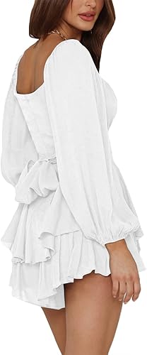 Vista 3 de LYANER Mono de Mujer de Manga Farol Larga con Volantes en Capas y Lazo Mini Corto Romper