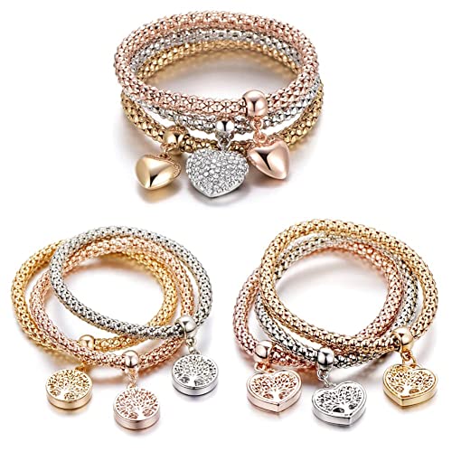 Silaner Crystal Charms Multilayer Bracelets - 3Pcs Gold/Silver/Rose Gold Corn Chain Bracelet For Women, Tree Of Life Heart Shaped Stretch Bracelet (12 Pcs) #TOP4