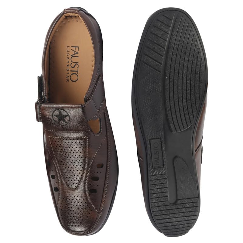Image of FAUSTO Men's Back Open Perforated Breathable Casual Sandal With Cushioned Footbed|Adujstable Strap Stitched Slip On Sandal For Work|Evening
