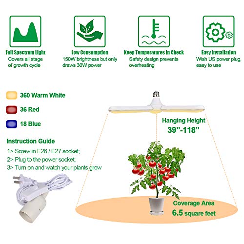 150W LED Grow Light Bulb Foldable Sunlike Full Spectrum Lamp for Indoor Plants, 414 LEDs Sunlike Grow Lights with Power Cord, E27 Plant Lamp for Flowers, Vegetables, Greenhouse & Hydroponic (2 Pack)